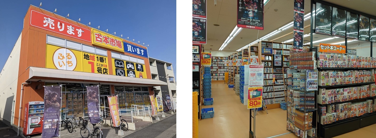 Exterior and interior view of used book market