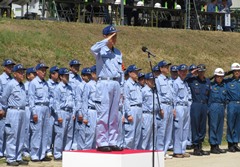 岡山市水防訓練で挨拶する大森雅夫岡山市長