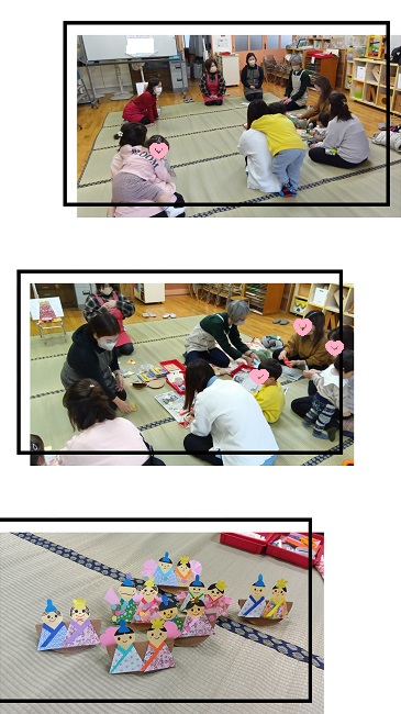 おひなさまの話を聞いたり，飾りを作る子どもたち