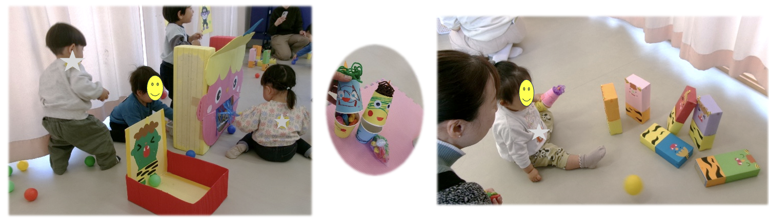 左：段ボールの鬼に集まる子供たちの様子、中：鬼の顔が書かれた紙コップの入れ物の写真、右：箱に書いてある鬼にボールをぶつける子供の様子