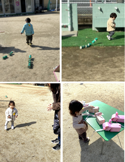 蛇や犬の模型を連れて散歩する子どもたち