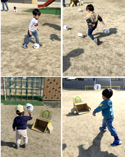 手作りサッカーで遊ぶ子どもたち