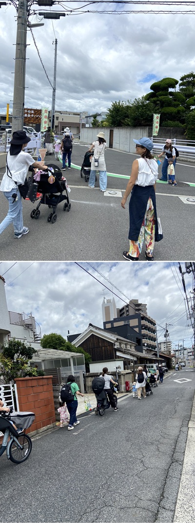 鹿田コミュニティーハウスへ移動している様子。