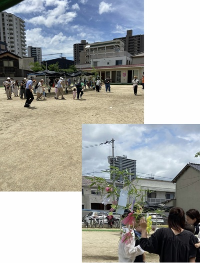歌に合わせて,みんなで体を動かしている様子