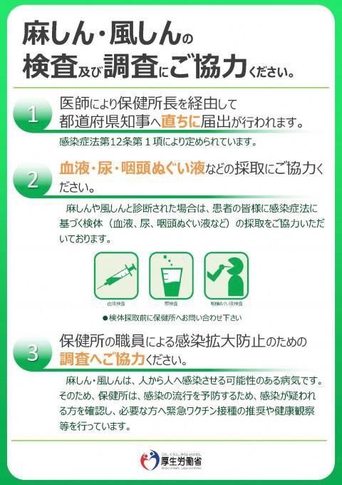 麻しん風しんの検査、調査にご協力ください。血液・尿・咽頭ぬぐい液などの採取にご協力ください。