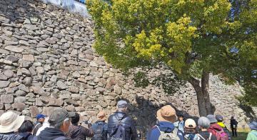 石垣の前で解説する様子