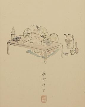 「机上俄眠の図」（河本琴洲筆、部分）の画像