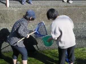 能登川の調査をする大学生の様子