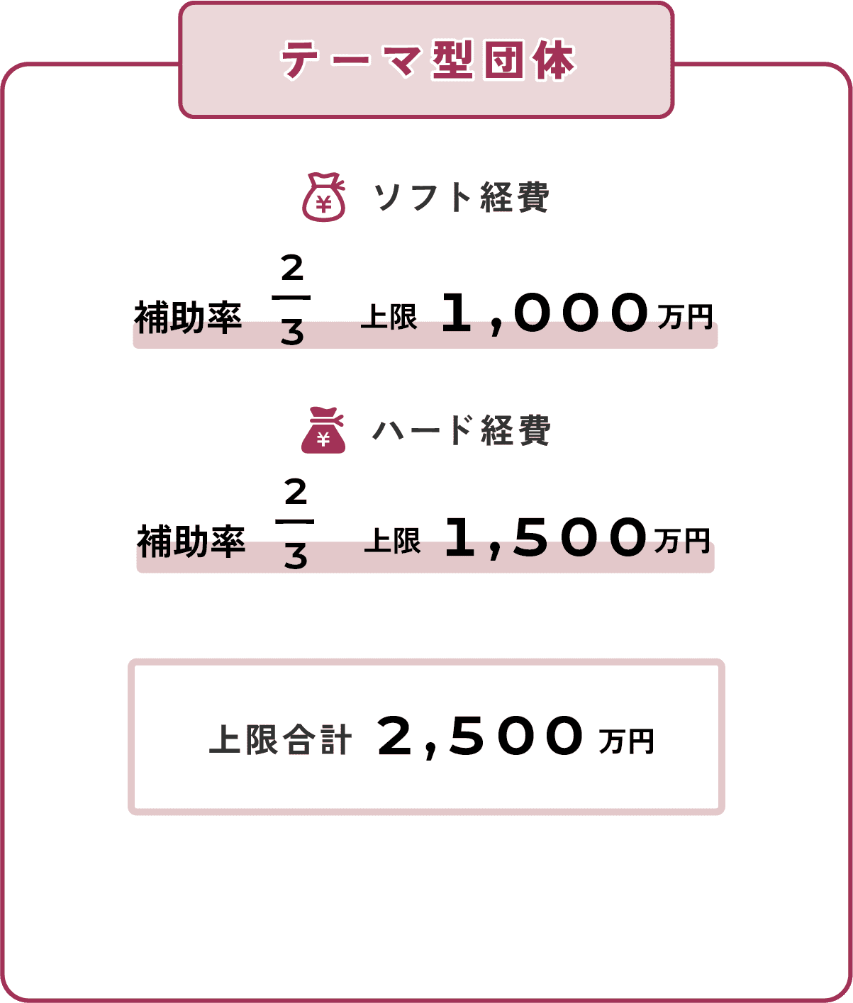 【テーマ型団体】・ソフト経費　補助率2分の3上限1千万円・ハード経費補助率2分の3上限千五百万円上限合計二千五百万円