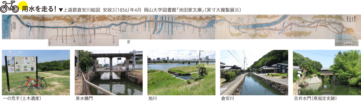 昔の絵図と今の用水の写真を走りながら