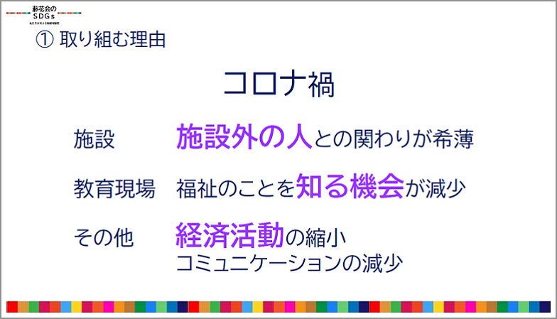 コロナ禍へ取り組む理由として施設外の人との関わりが希薄であったり、教育現場では福祉のことを知る機会の減少、その他に経済活動の縮小やコミュニケーションの減少。これらを改善する目的で取り組んでいます。