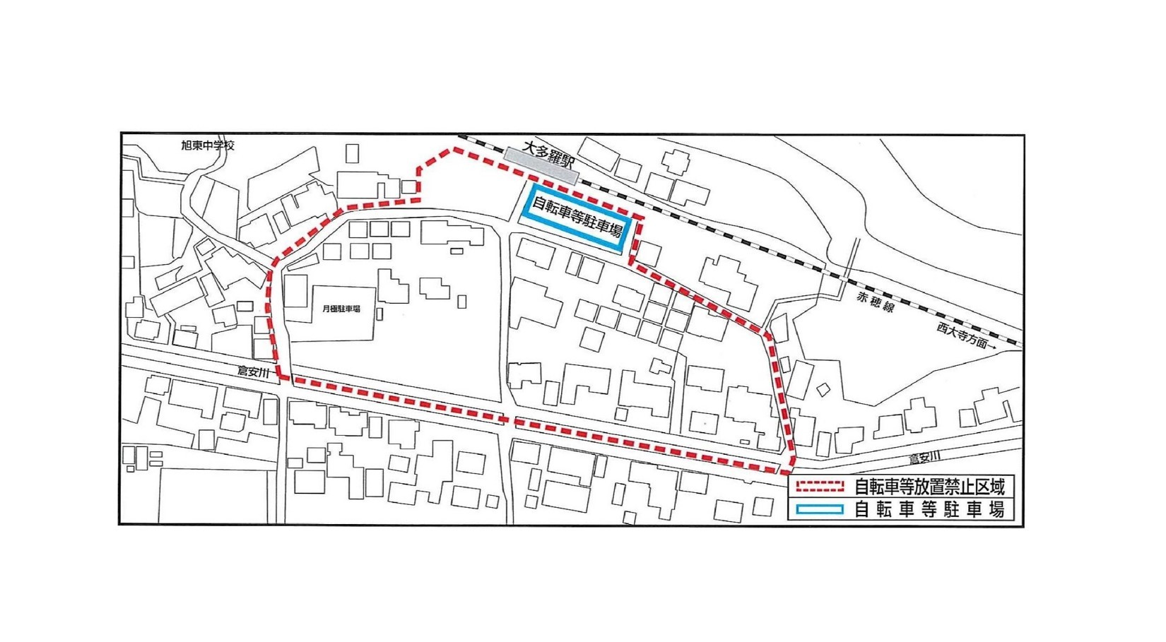 大多羅駅周辺の放置禁止区域並びに自転車等駐車場の位置図
